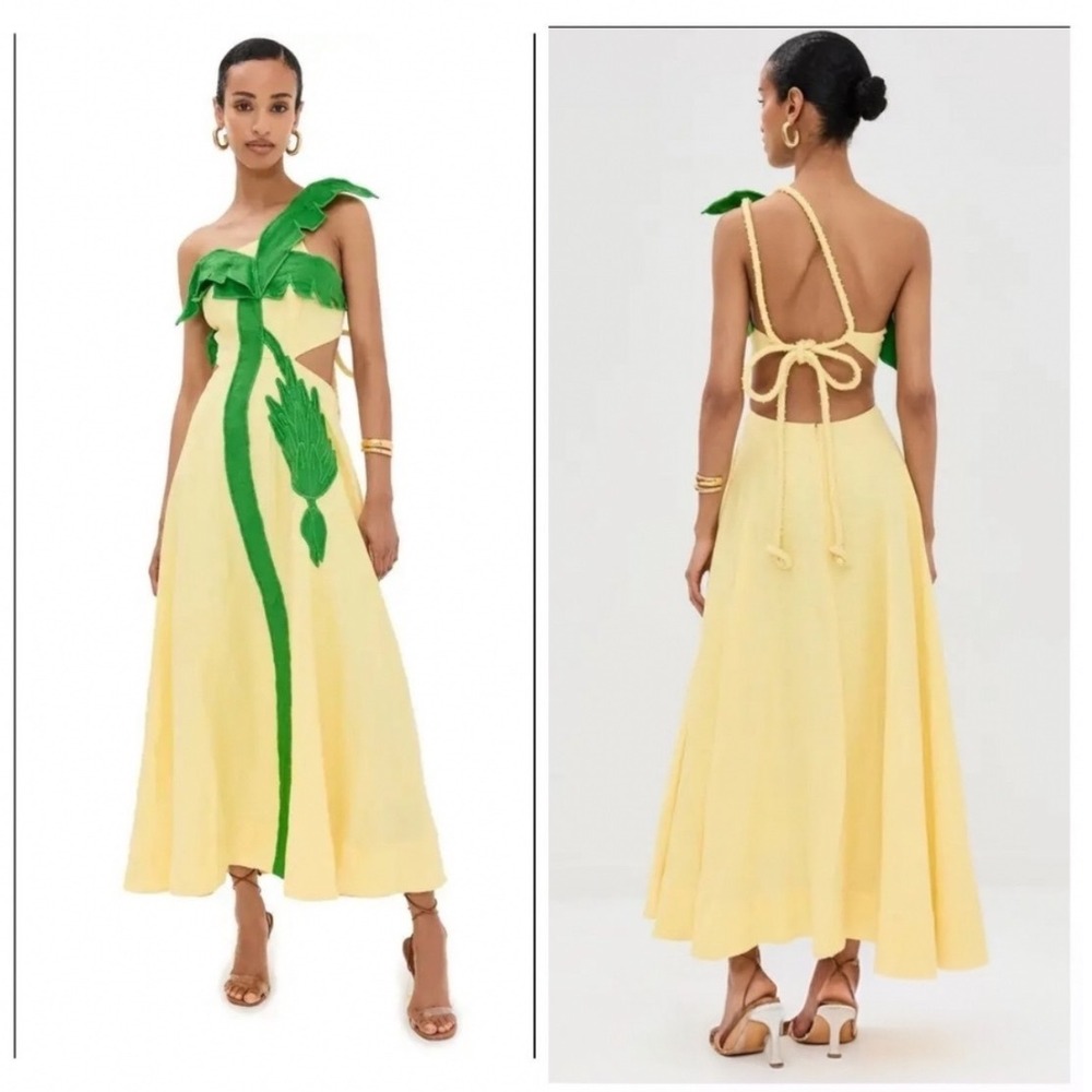 Farm Rio Palm Tree Cutwork Yellow Linen Applique Maxi Dress Maximalist Vacation - Picture 8 of 12